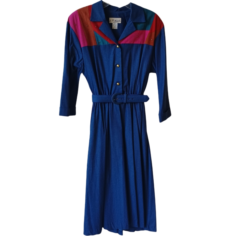 J.P. ANGELA 80's Vintage Colorblock Blue Denim Button Up Dress Missy 10 …